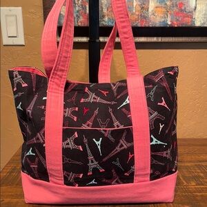 Eiffel Tower Themed Black & Pink Canvas Tote EUC